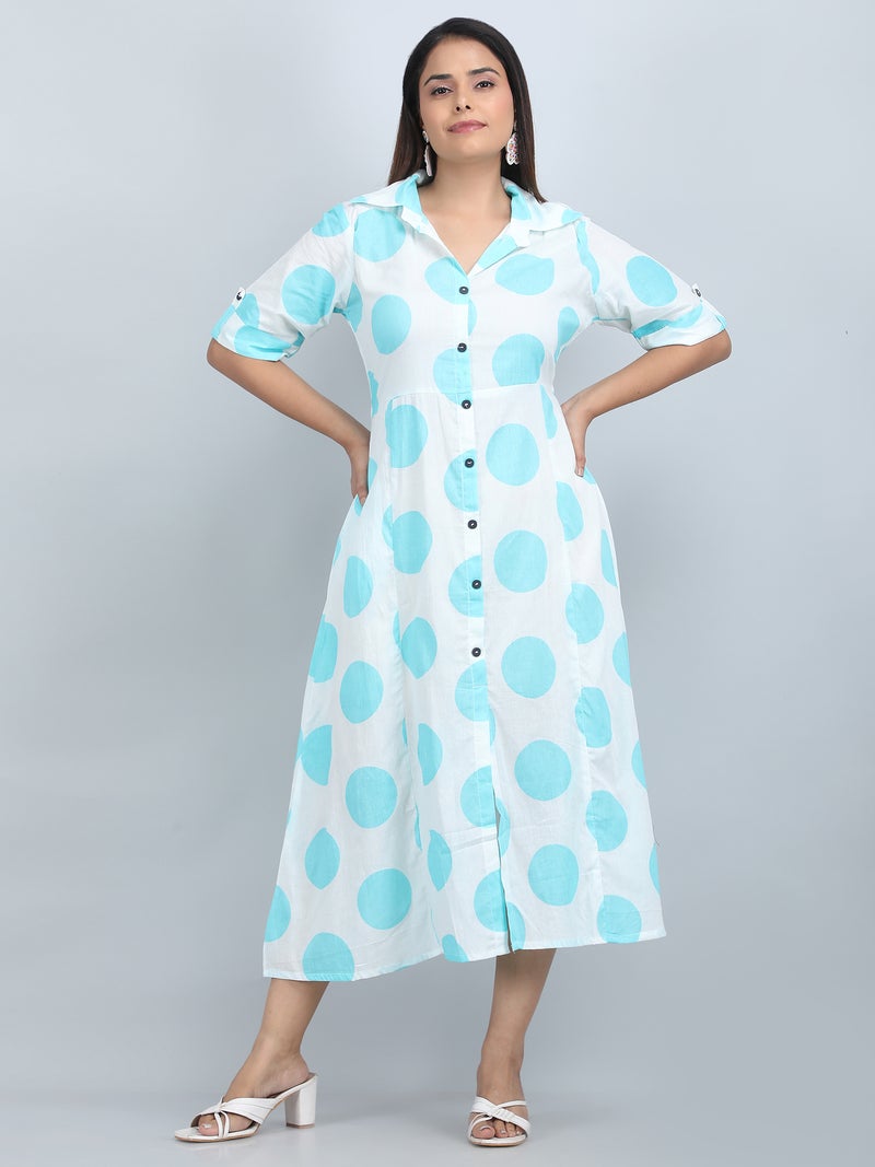Shifory A-Line Printed Dress for Women, White and Aqua - Image 1